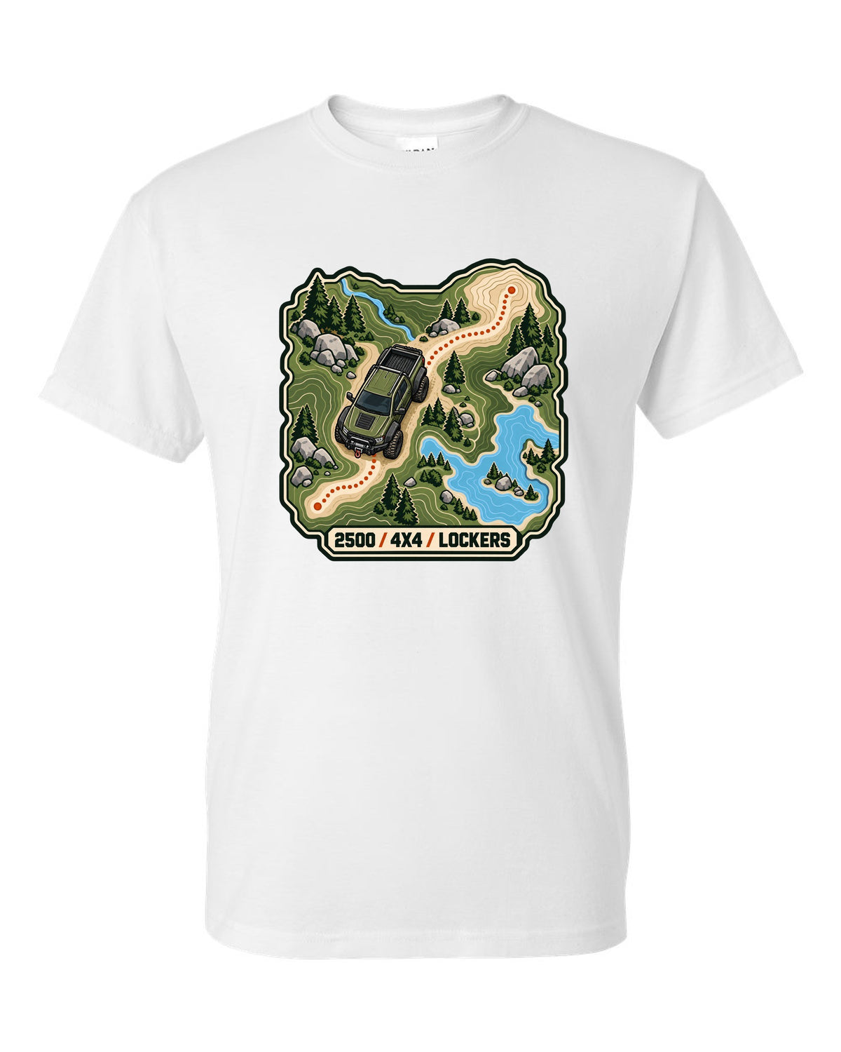 Topographic route map line art print of a Ram Power Wagon 2500 with 4x4 lockers text white t-shirt front view with the design