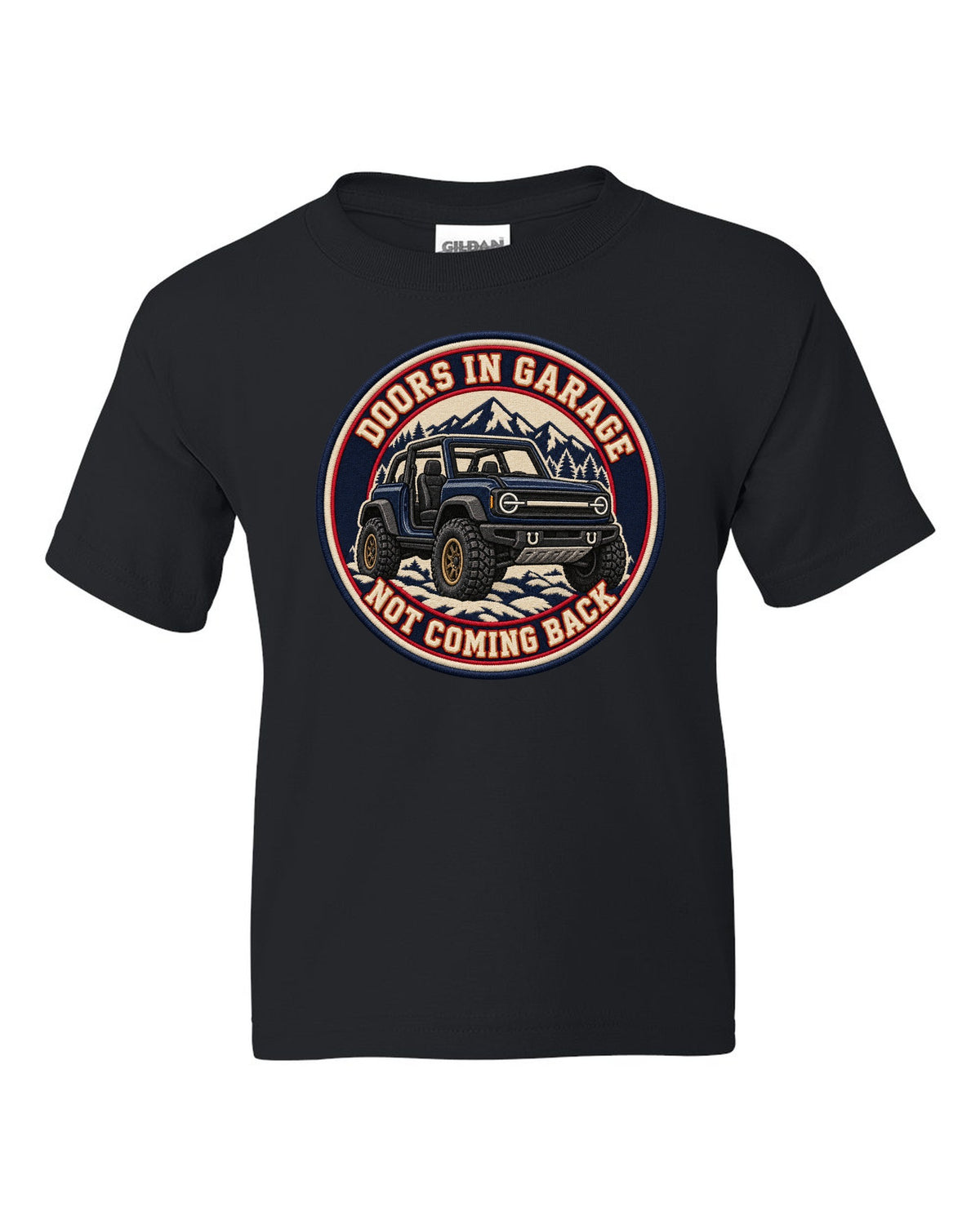Embroidery-style varsity crest of a 2021 Ford Bronco with doors and roof off at the beach black kids tee front view with the design