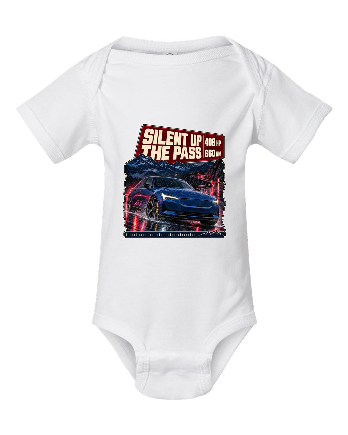 Polestar 2 Launch Edition driving a mountain pass at night, print design white baby onesie front view with the design