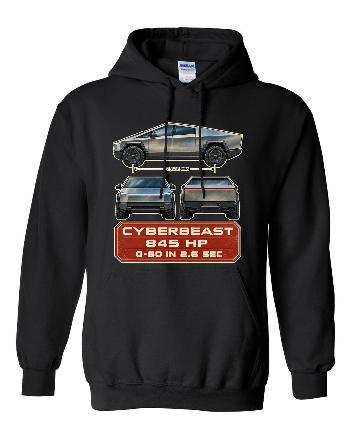 Three-view and spec table print of a Tesla Cybertruck Cyberbeast black pull over hoodie front view with the design
