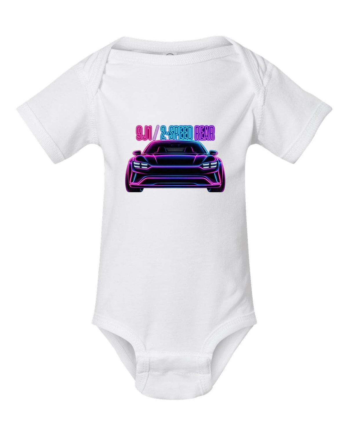Porsche Taycan Turbo S 9J1 neon outline print with the text 9J1 2-speed rear white baby onesie front view with the design
