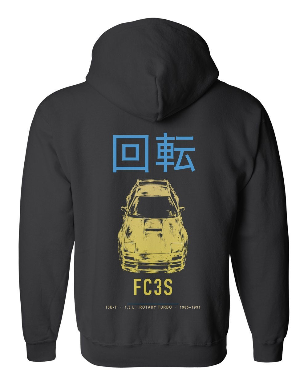 FC3S full-back artwork black zip hoodie back view with the design