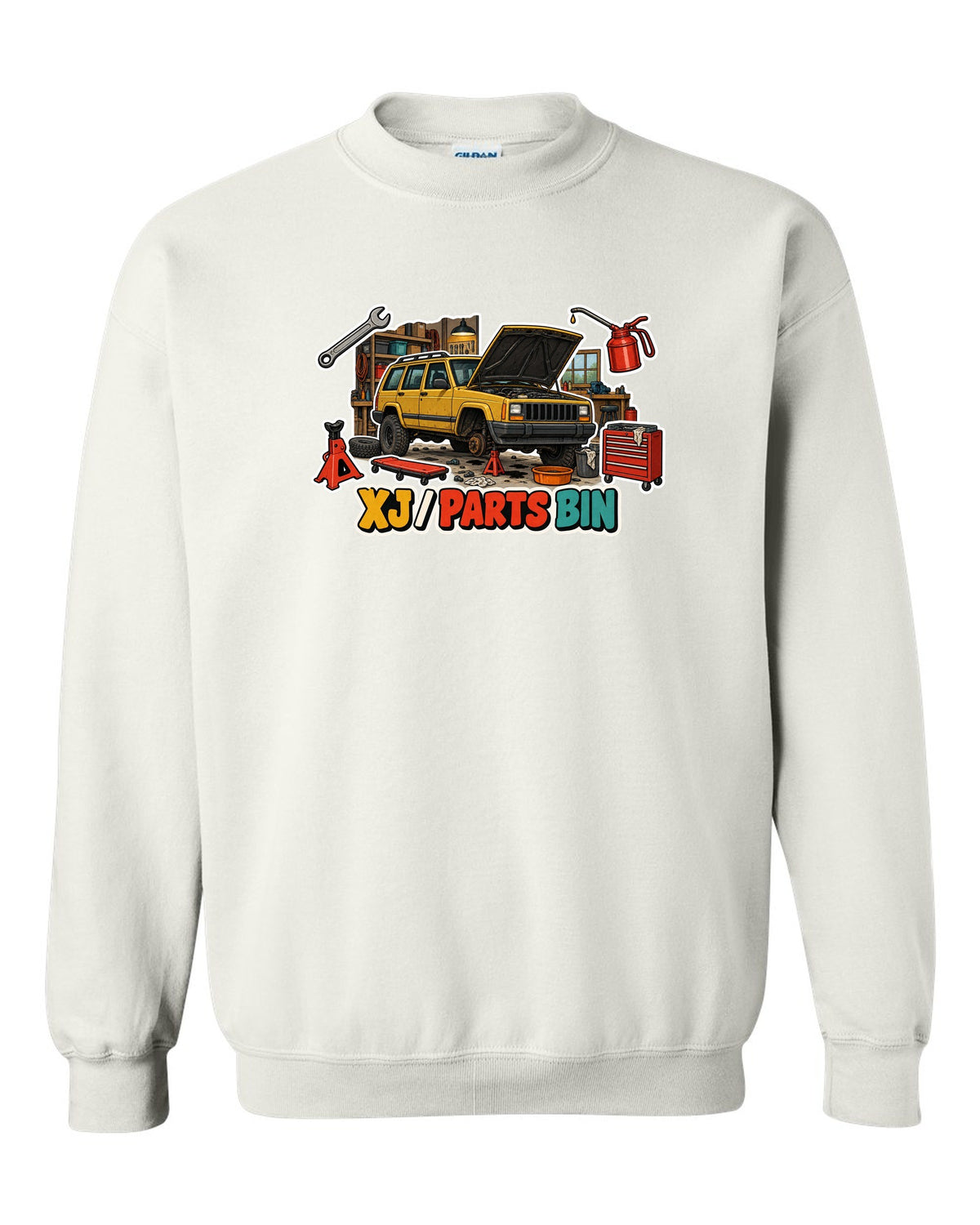 Sticker-bomb die-cut collage print around a Jeep Cherokee XJ labelled Parts Bin white crewneck front view with the design