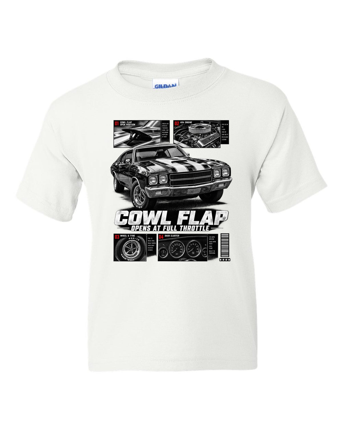1970 Chevelle SS 454 dossier panel print with cowl flap detail white kids tee front view with the design