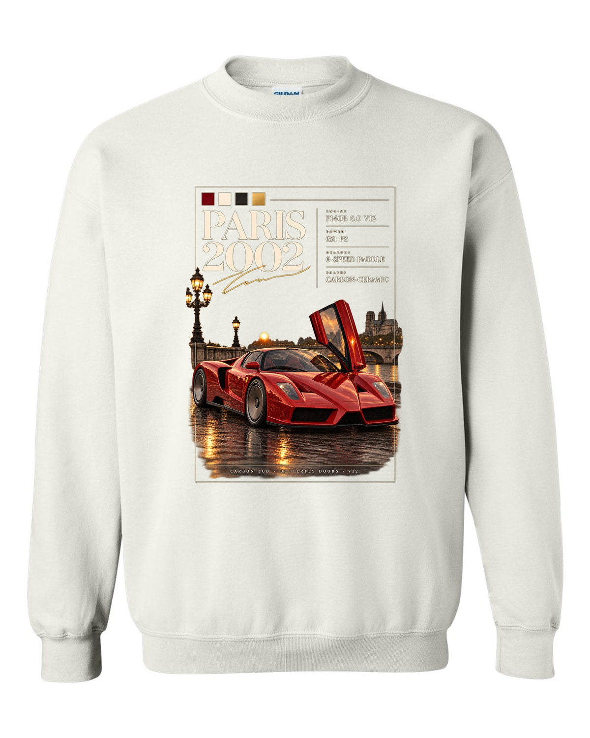 Ferrari Enzo 2002 front three-quarter archive panel print, Paris 2002, F140B V12, 651 PS white crewneck front view with the design