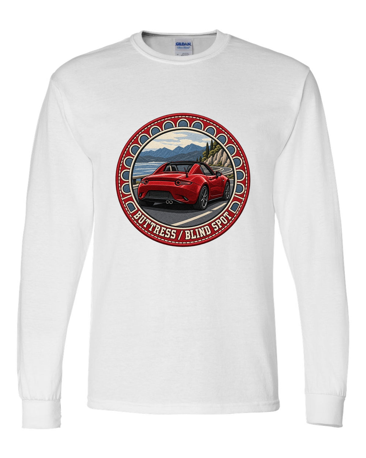 Embroidery-style roundel crest of a Mazda MX-5 ND RF fastback with blind spot text white long sleeve front view with the design