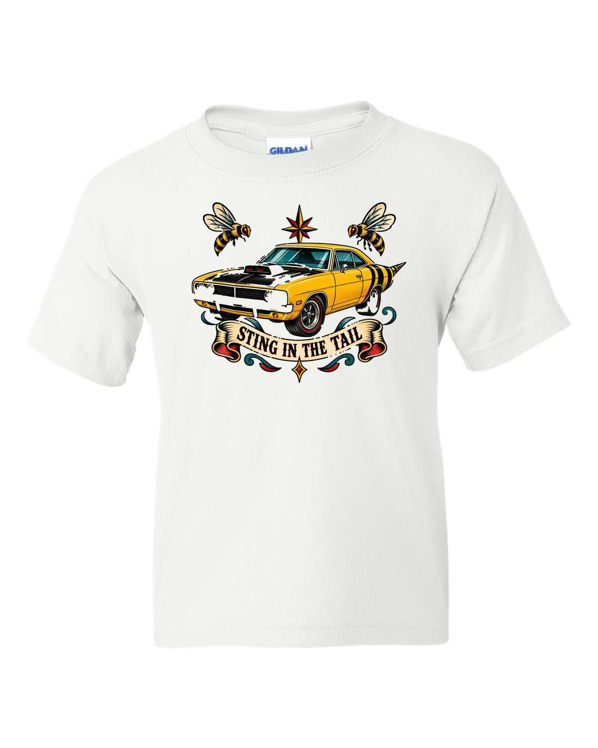 Hand-drawn tattoo flash print of a 1969 Dodge Coronet Super Bee with sting in the tail text white kids tee front view with the design