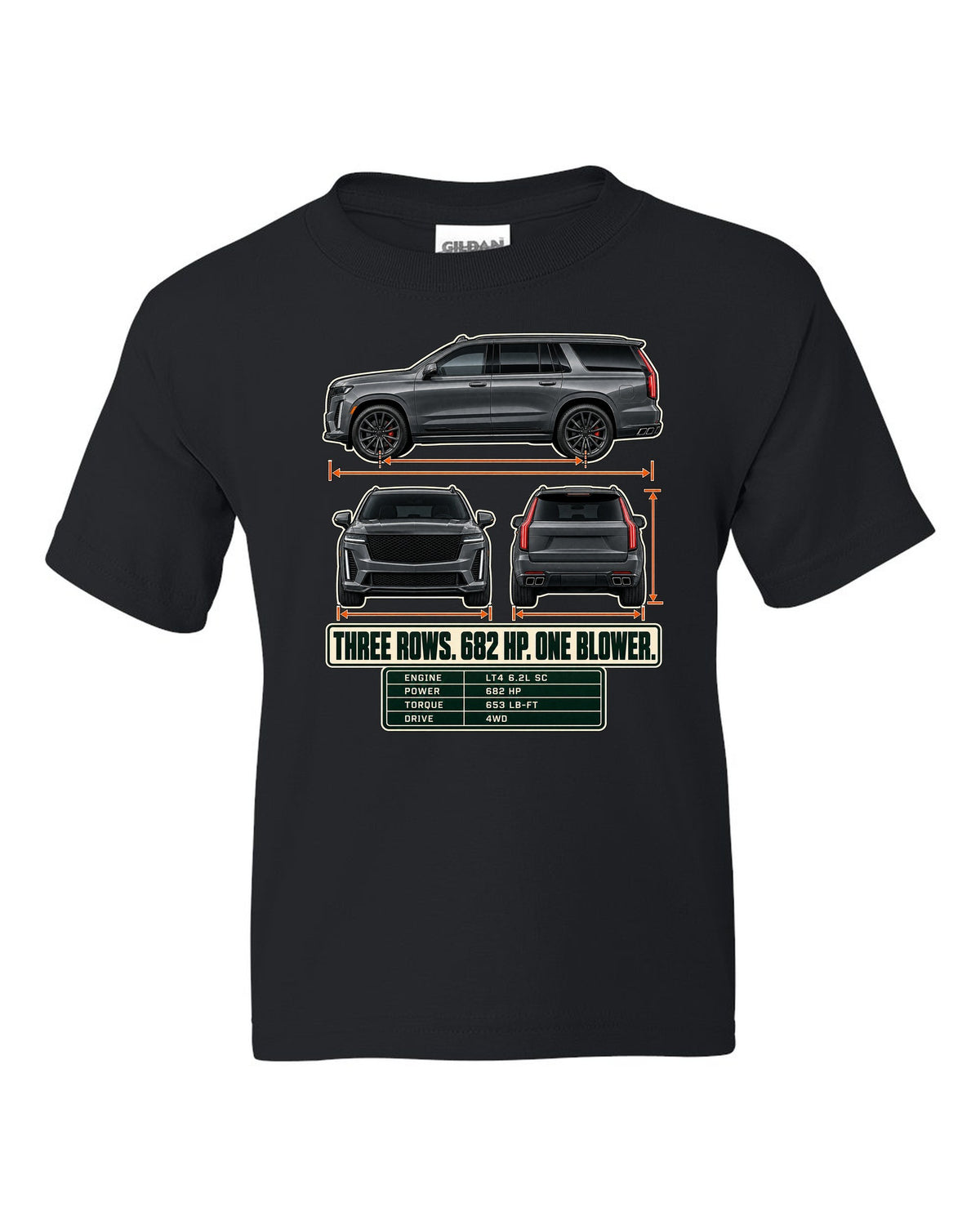 Three-view and spec table print of a 2023-25 Cadillac Escalade-V black kids tee front view with the design