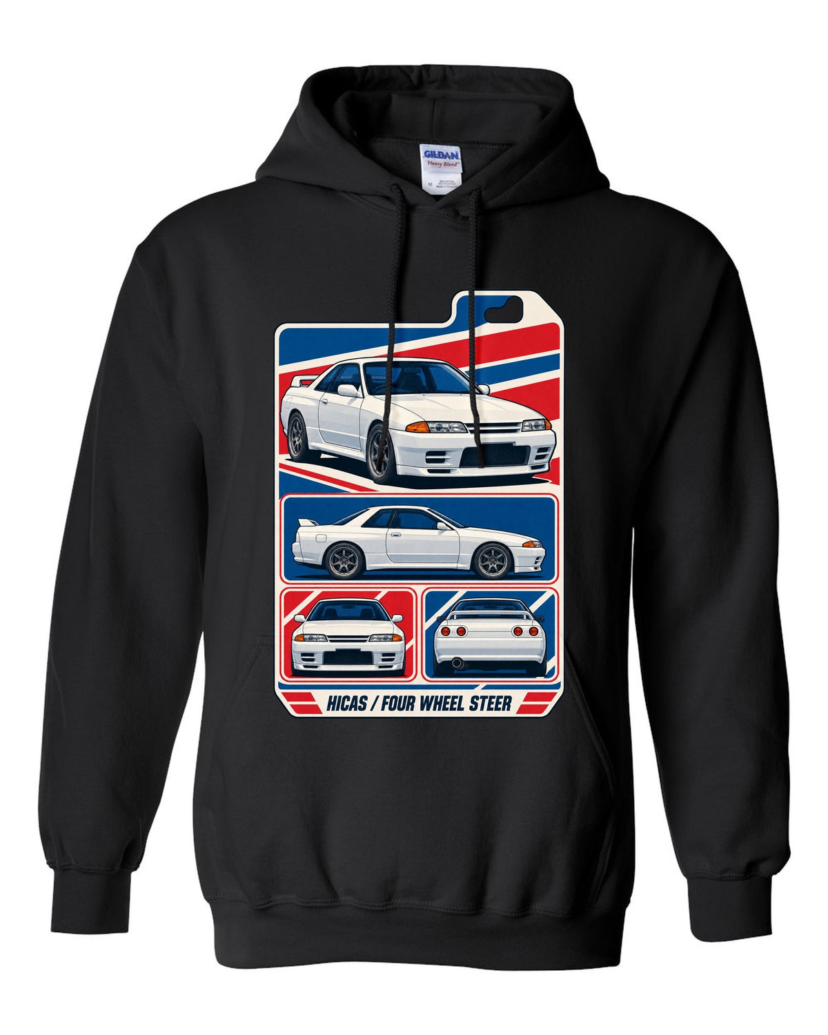 Varsity shield crest print for the Nissan Skyline GT-R R34 reading Allegedly 280 PS, Sure black pull over hoodie front view with the design