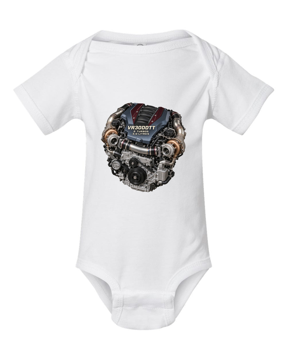 Hero image of a Nissan VR30DDTT twin-turbo V6 engine from the RZ34 Z white baby onesie front view with the design