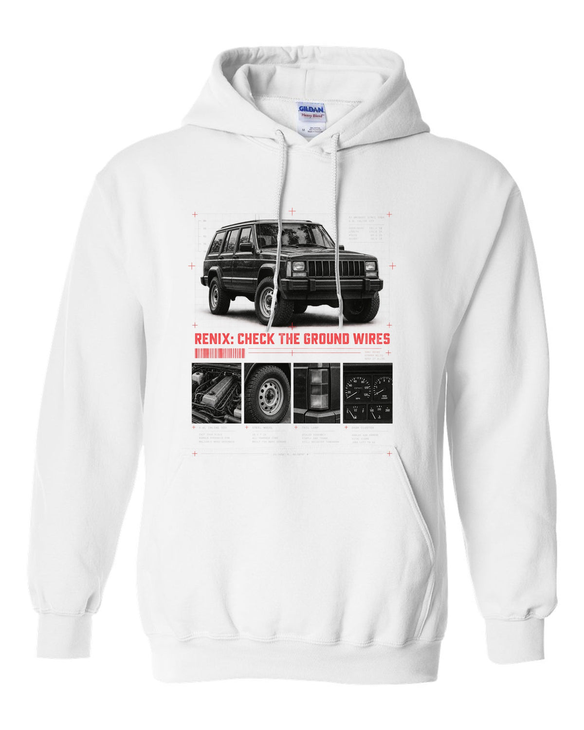 Dossier panel print for the Jeep Cherokee XJ Renix era, 1987-1990 4.0L white pull over hoodie front view with the design