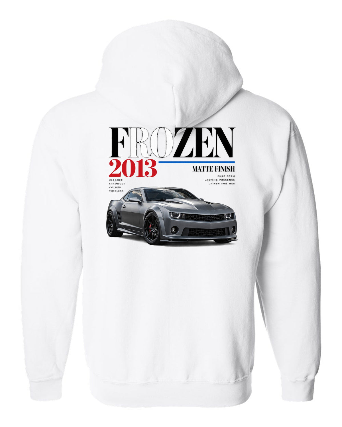 BMW E92 M3 Frozen Edition editorial print with matte finish headline white zip hoodie back view with the design