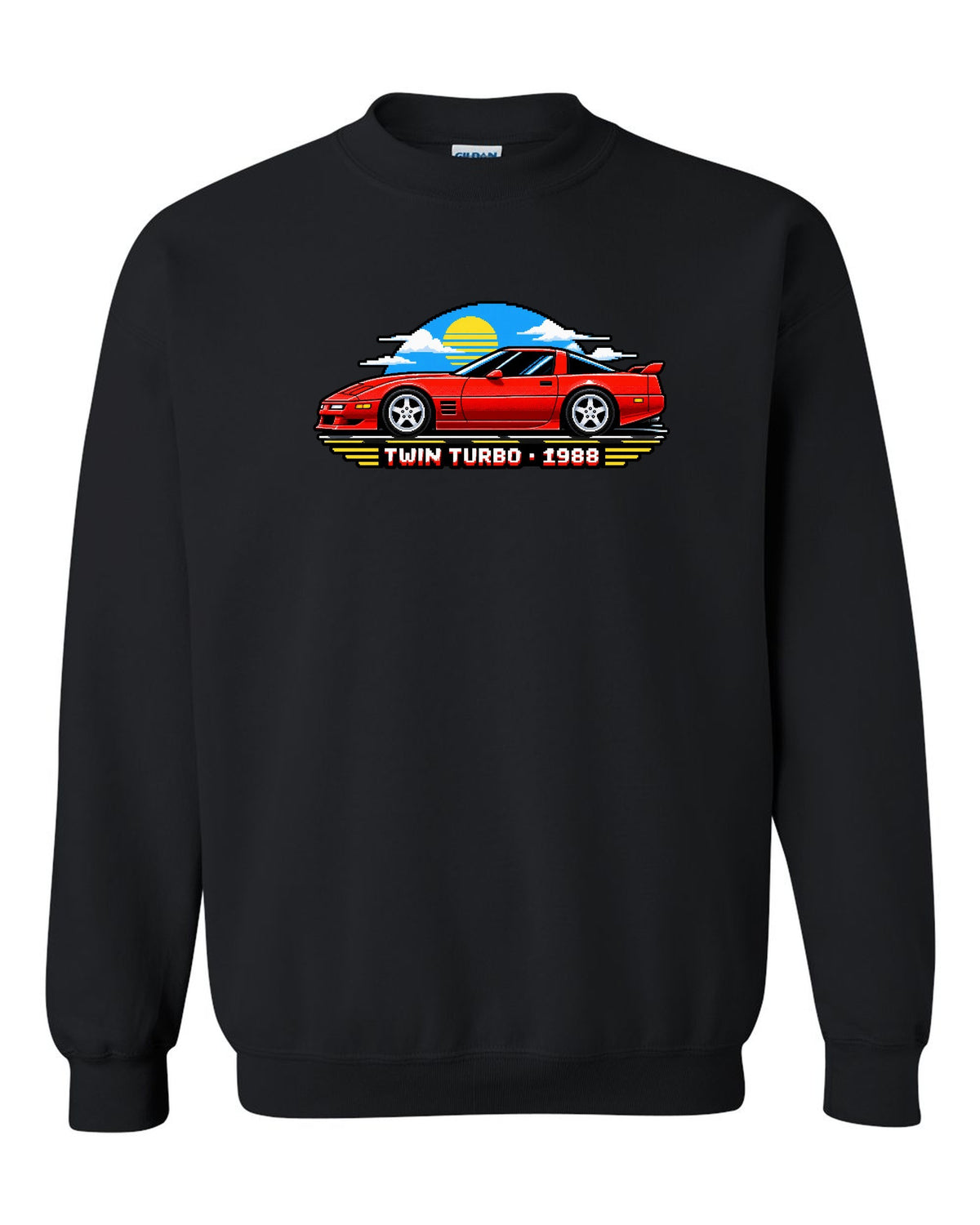 16-bit pixel art of a 1988 C4-based twin-turbo Corvette with pop-up headlights black crewneck front view with the design