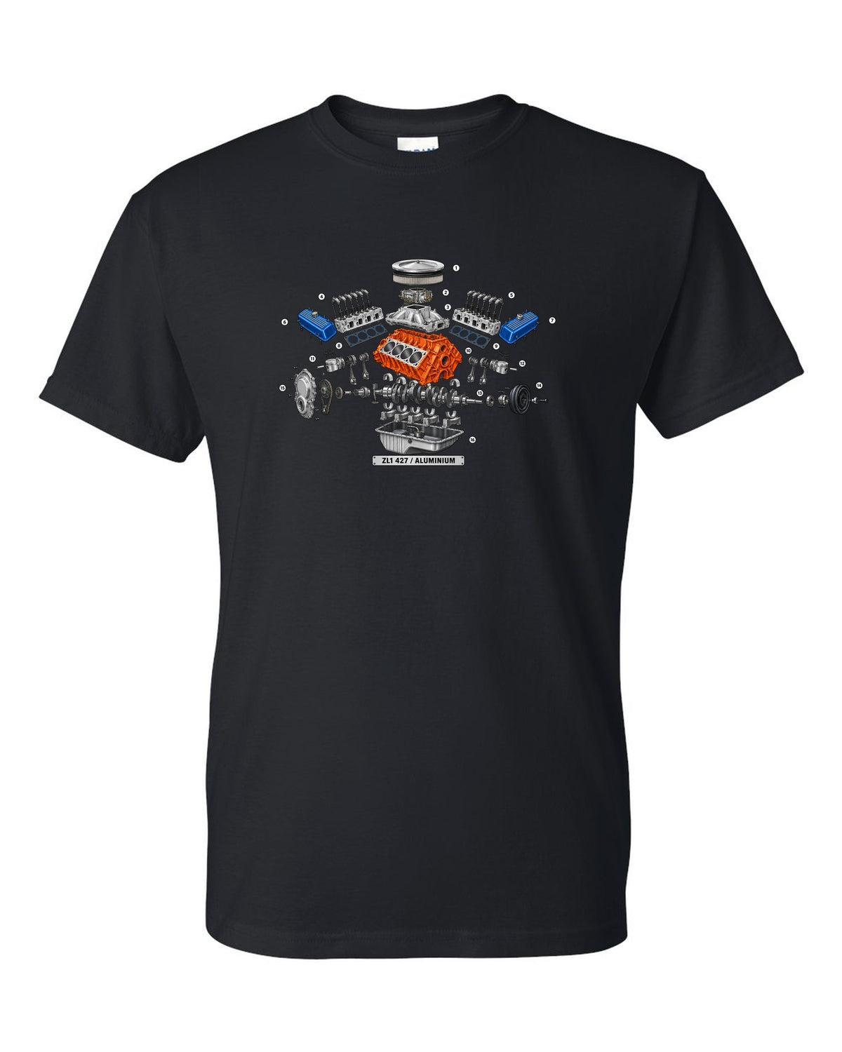 Isometric exploded diagram with numbered callouts of the 1969 Chevrolet Camaro ZL1 427 aluminum engine black t-shirt front view with the design