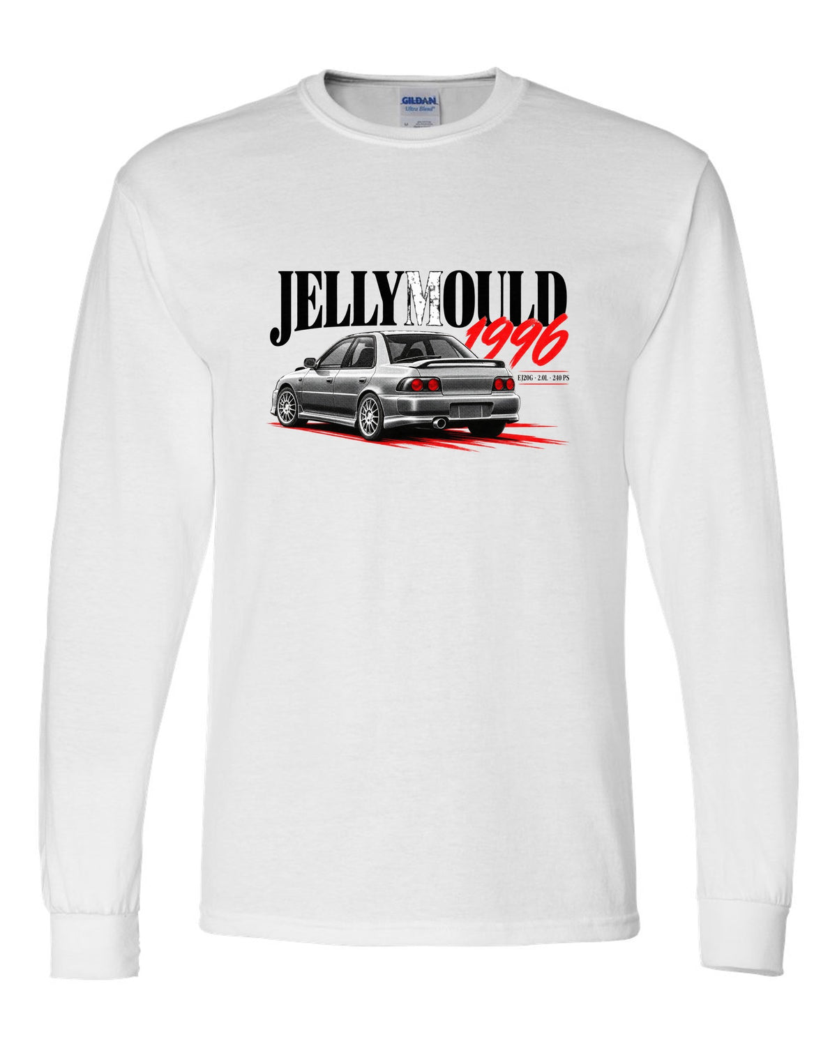 Subaru Impreza WRX GC8 saloon 1996 with Jellymould headline and EJ20G 240 PS text white long sleeve front view with the design