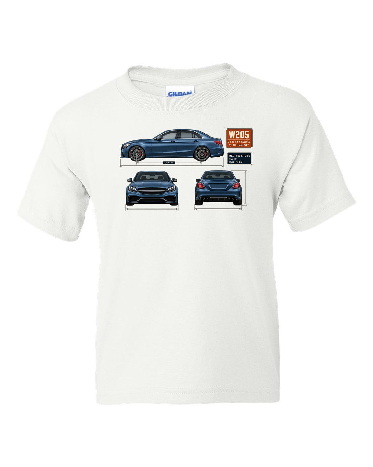 Mercedes-AMG C63 S W205 sedan three-view drawing in steel blue white kids tee front view with the design