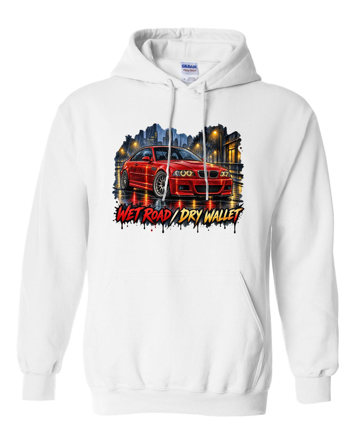Watercolour wet-road night illustration of a BMW E46 M3 coupe with wet road dry wallet text white pull over hoodie front view with the design