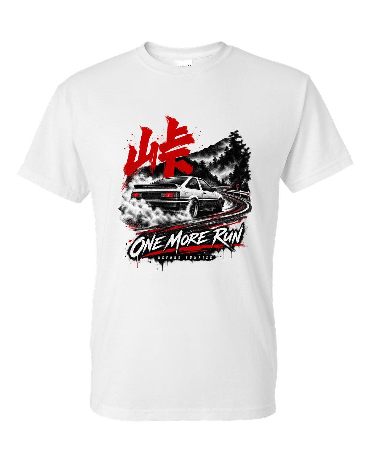 print of a Toyota AE86 Corolla Levin on a night touge road with kanji white t-shirt front view with the design