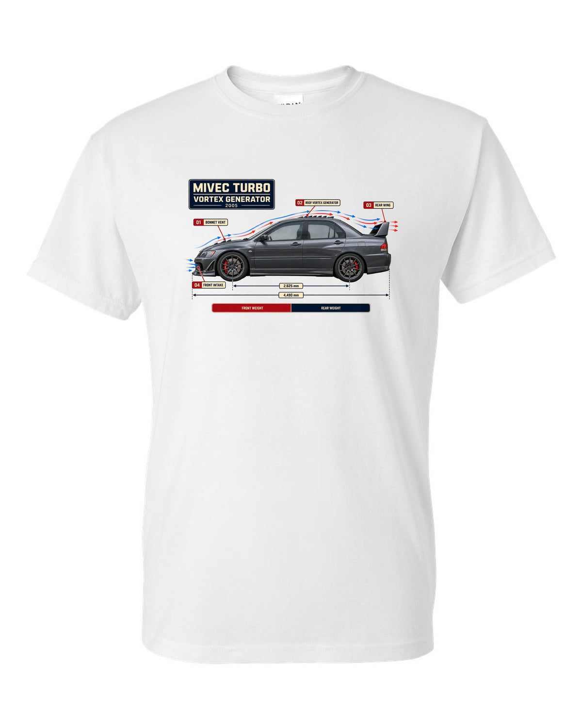 Lancer Evolution IX Aero Callout Diagram Tee, MIVEC Turbo white t-shirt front view with the design