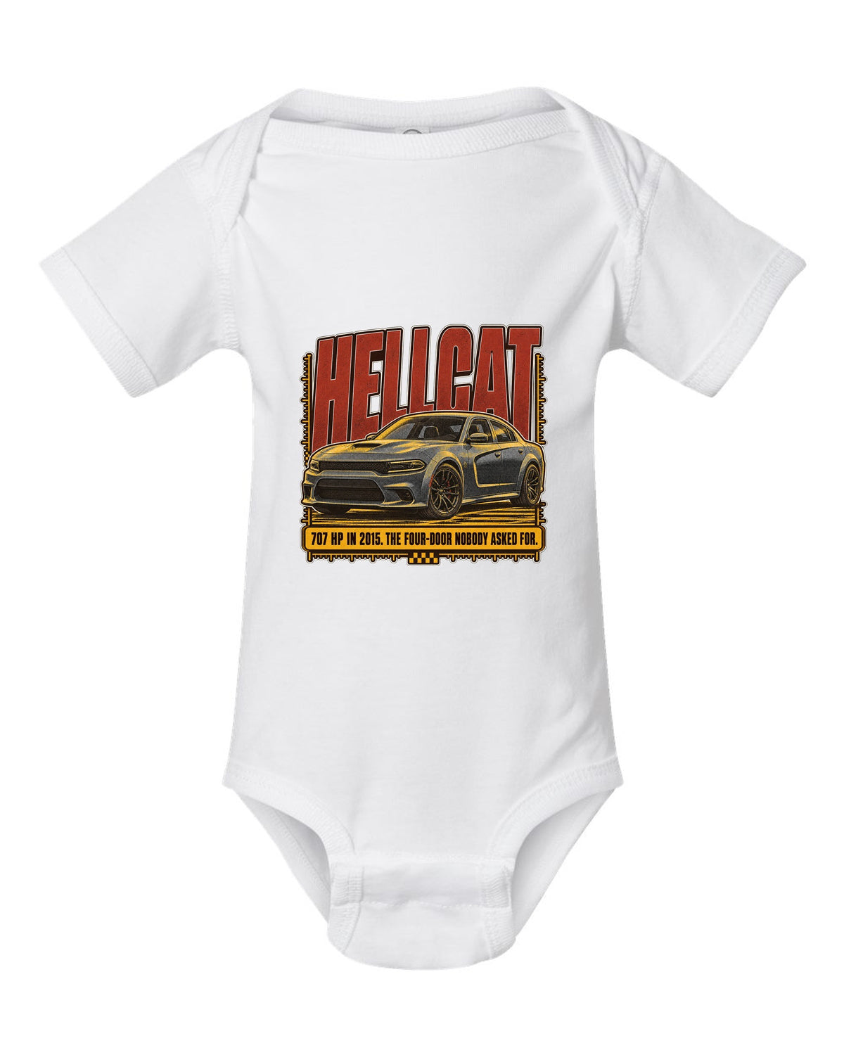 Dodge Charger SRT Hellcat halftone statement print reading 707 HP in 2015 white baby onesie front view with the design