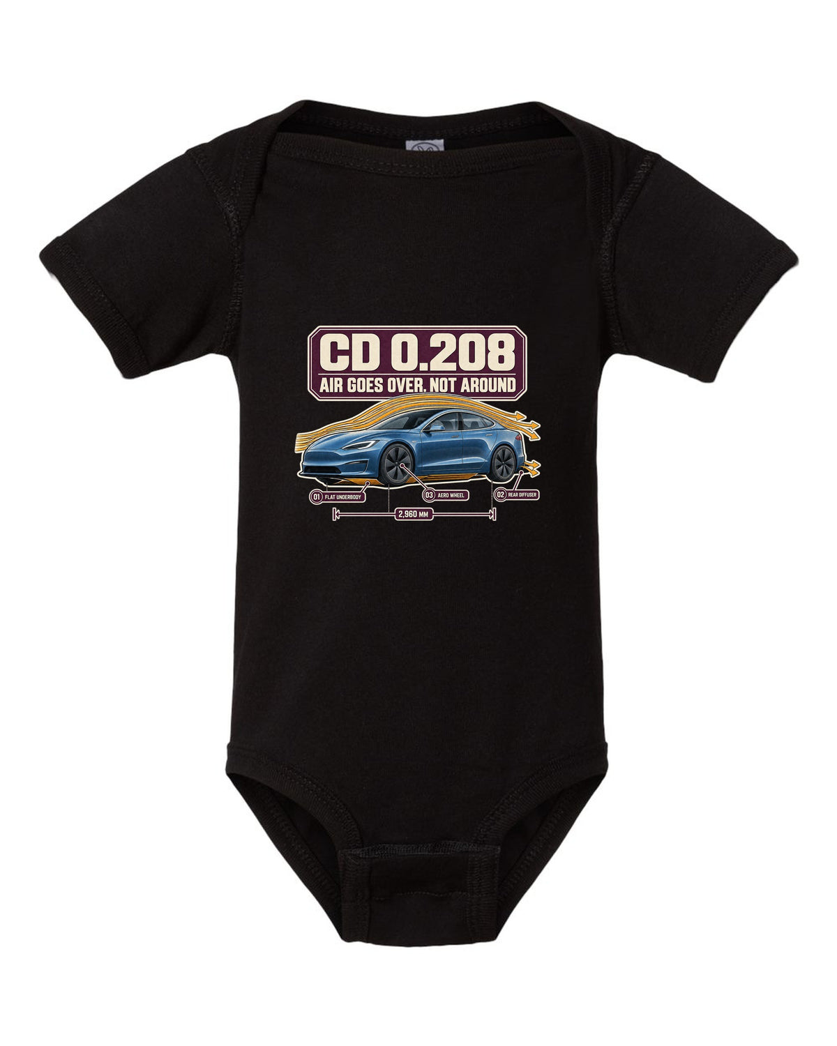Aero callout print of a Tesla Model S Plaid with drag coefficient 0.208 black baby onesie front view with the design