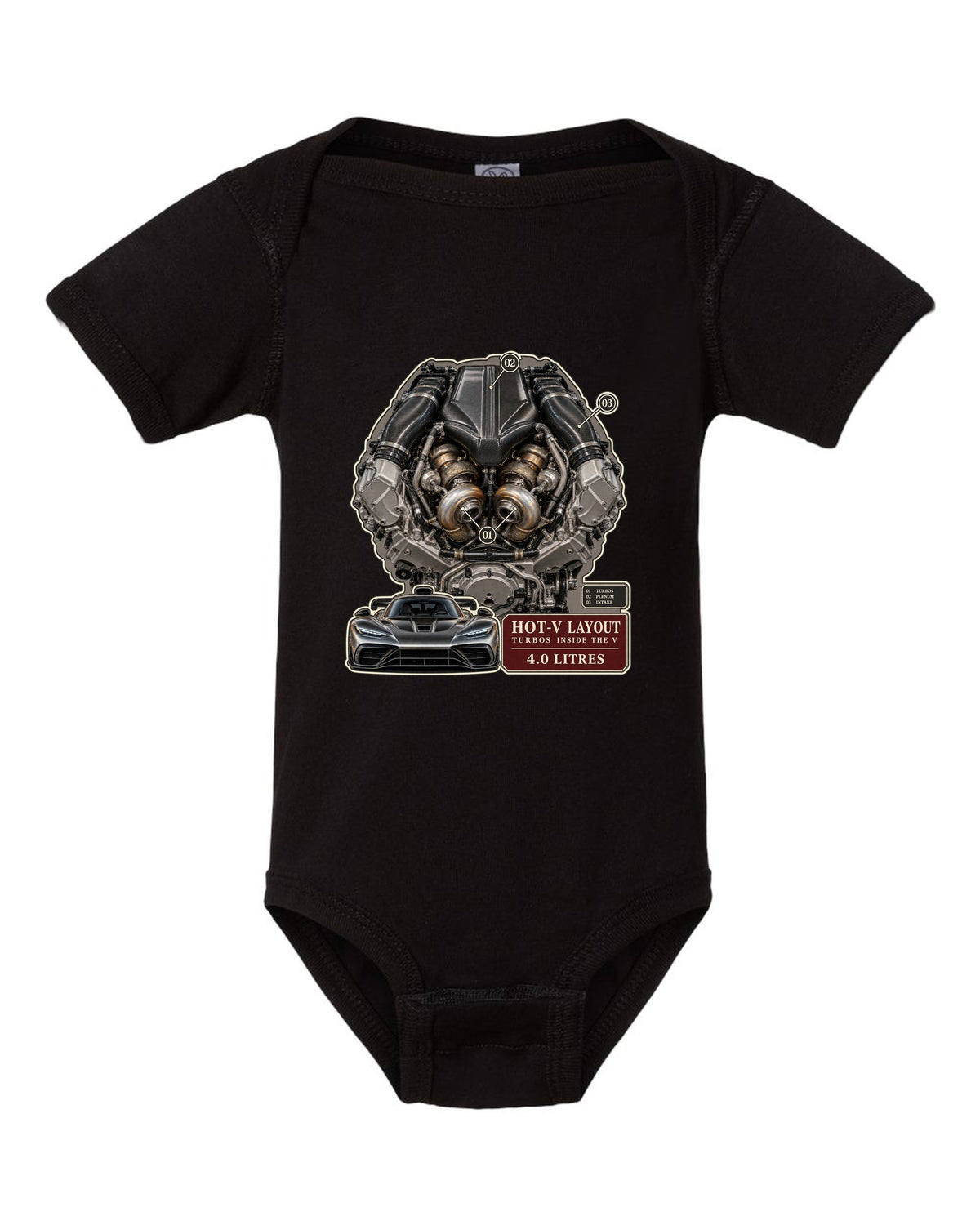 Mercedes-AMG GT 63 M178 4.0 litre biturbo V8 engine illustration black baby onesie front view with the design