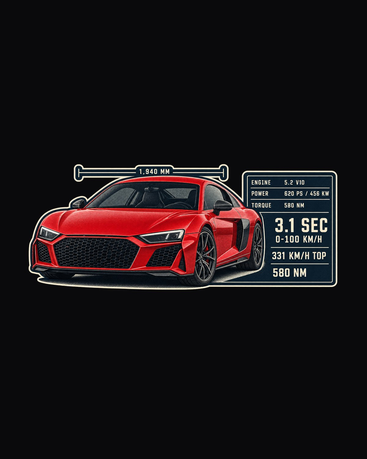 Audi R8 V10 Performance Spec Poster Tee, 331 km/h Top Speed design only