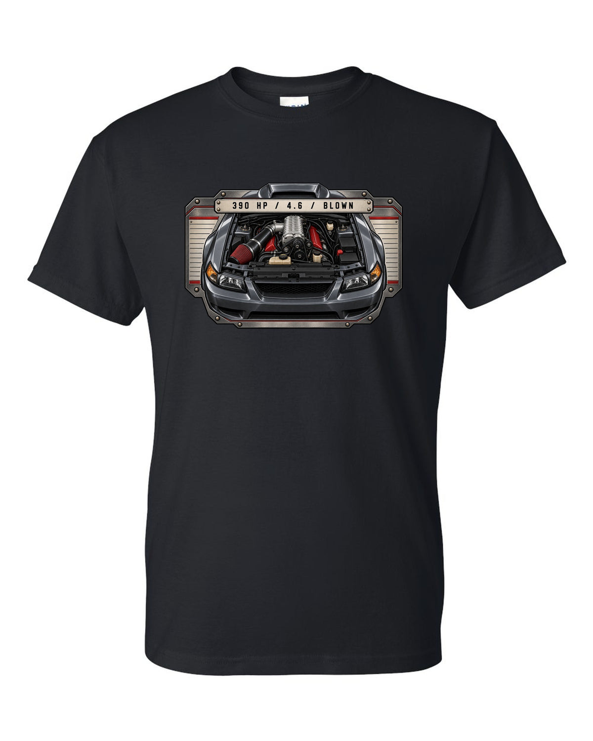 print spec plate design for the 2003-04 New Edge Mustang supercharged 4.6 V8 with 390 HP black t-shirt front view with the design