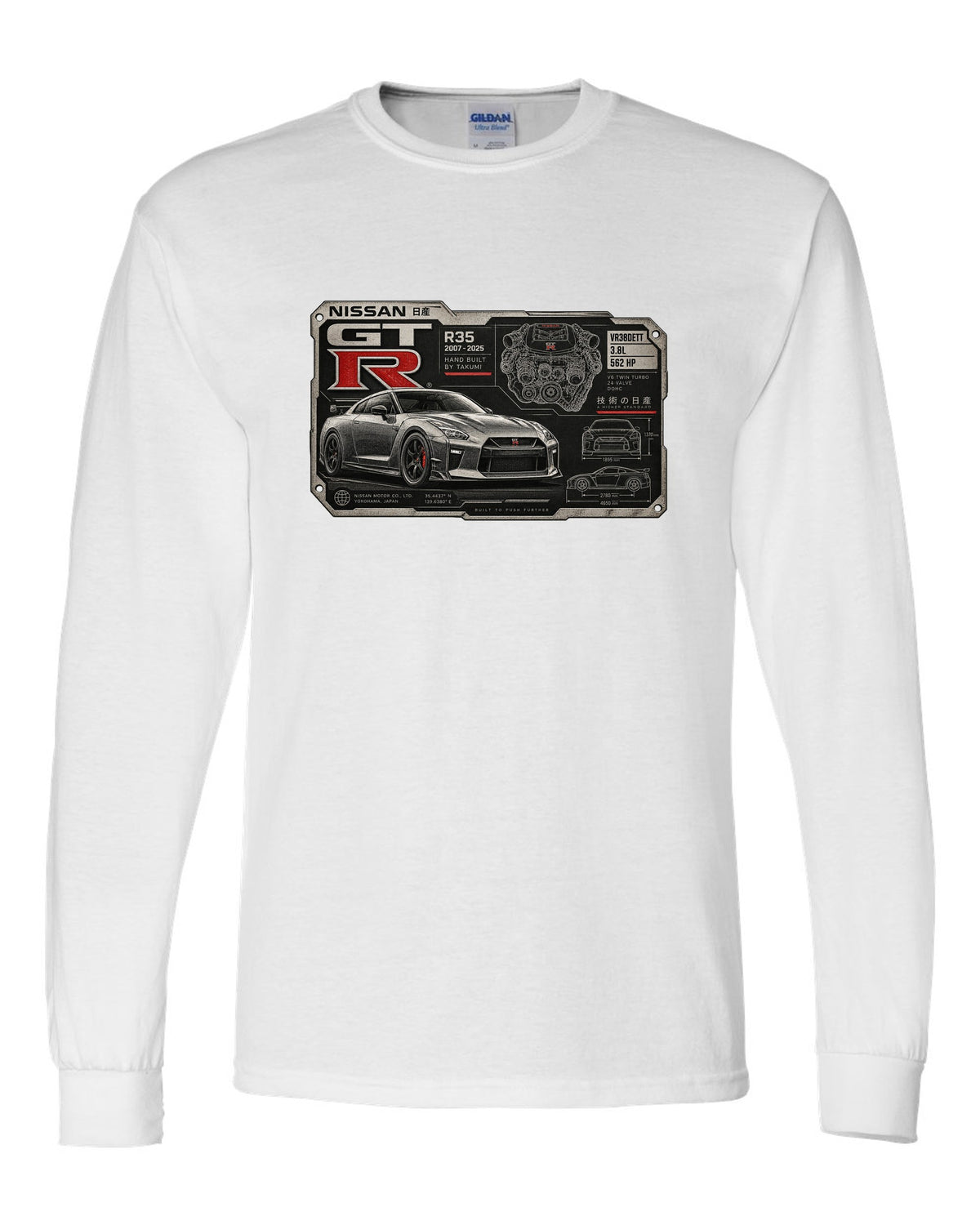 Spec sheet data plate print for the Nissan GT-R R35 showing VR38DETT 3.8L 562 HP white long sleeve front view with the design