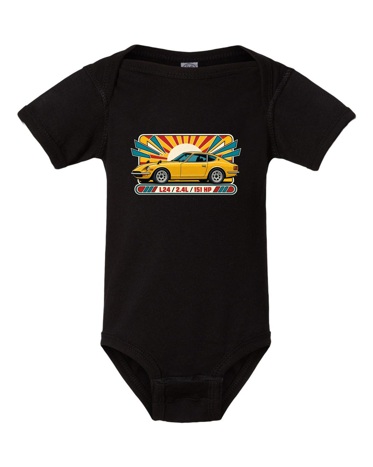 Retro 1970s catalogue ad print of the Datsun 240Z S30 with L24 2.4L 151 HP lettering black baby onesie front view with the design