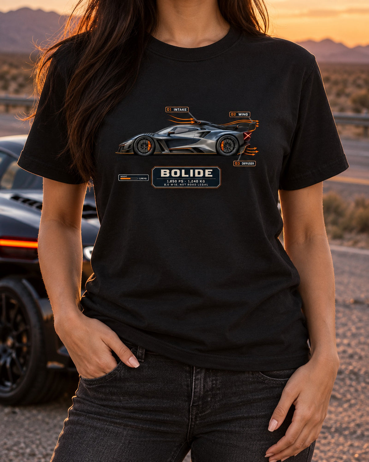 Bugatti Bolide Track Concept Aero Callouts Shirt, Car Tee T-Shirt Black worn hero