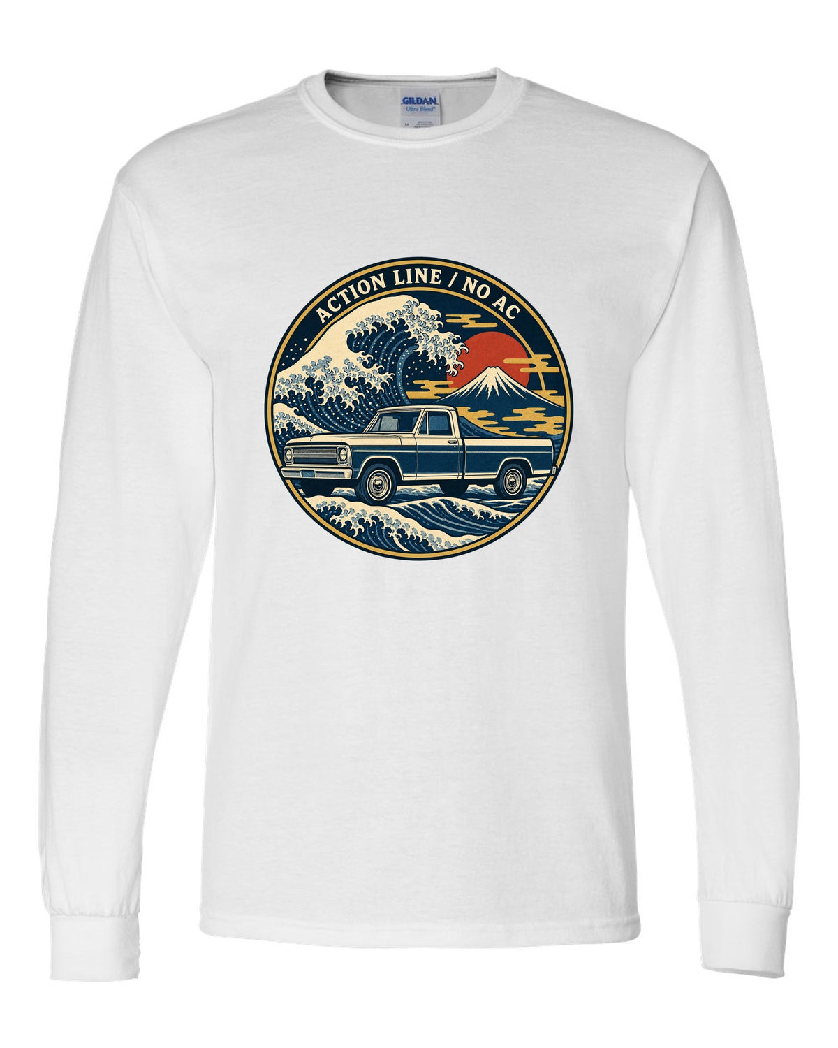 Ukiyo-e woodblock wave print of a 1967-72 Chevrolet C10 Action Line Fleetside with Action Line no AC lettering white long sleeve front view with the design