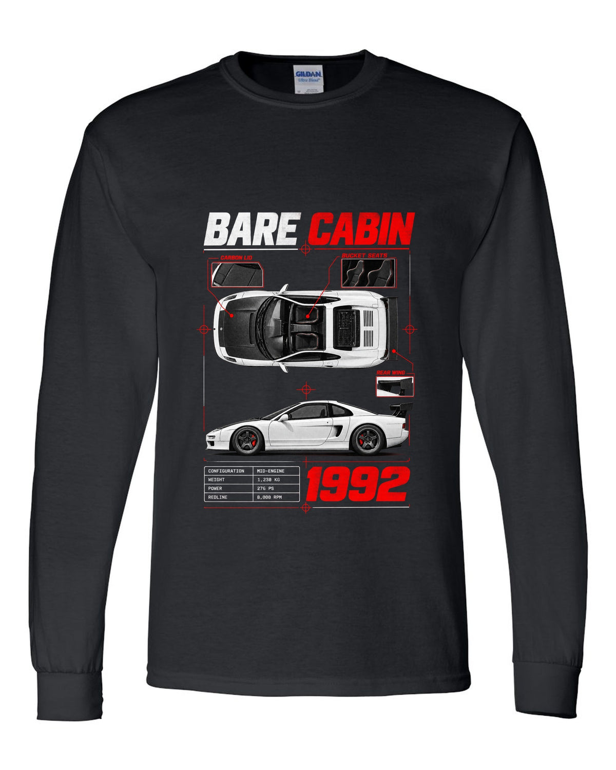 Spec poster print for the 1992 Honda NSX-R NA1 listing bare cabin, bucket seats and carbon lid black long sleeve front view with the design