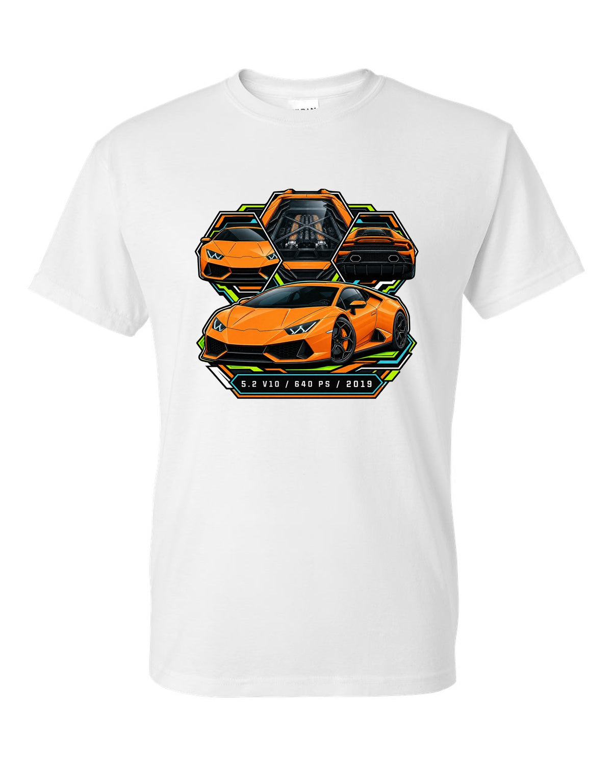 Spec-sheet data plate with a Lamborghini Huracan Evo LP640-4 and text 5.2 V10 / 640 PS / 2019 white t-shirt front view with the design