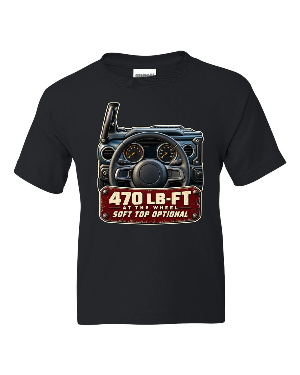 Gauge cluster print for the Jeep Wrangler Rubicon 392 with torque callout black kids tee front view with the design