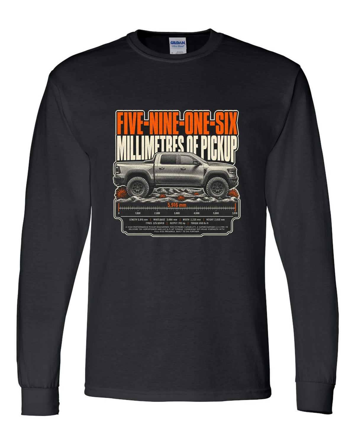 Ram 1500 TRX halftone print with 5916 millimetres text black long sleeve front view with the design
