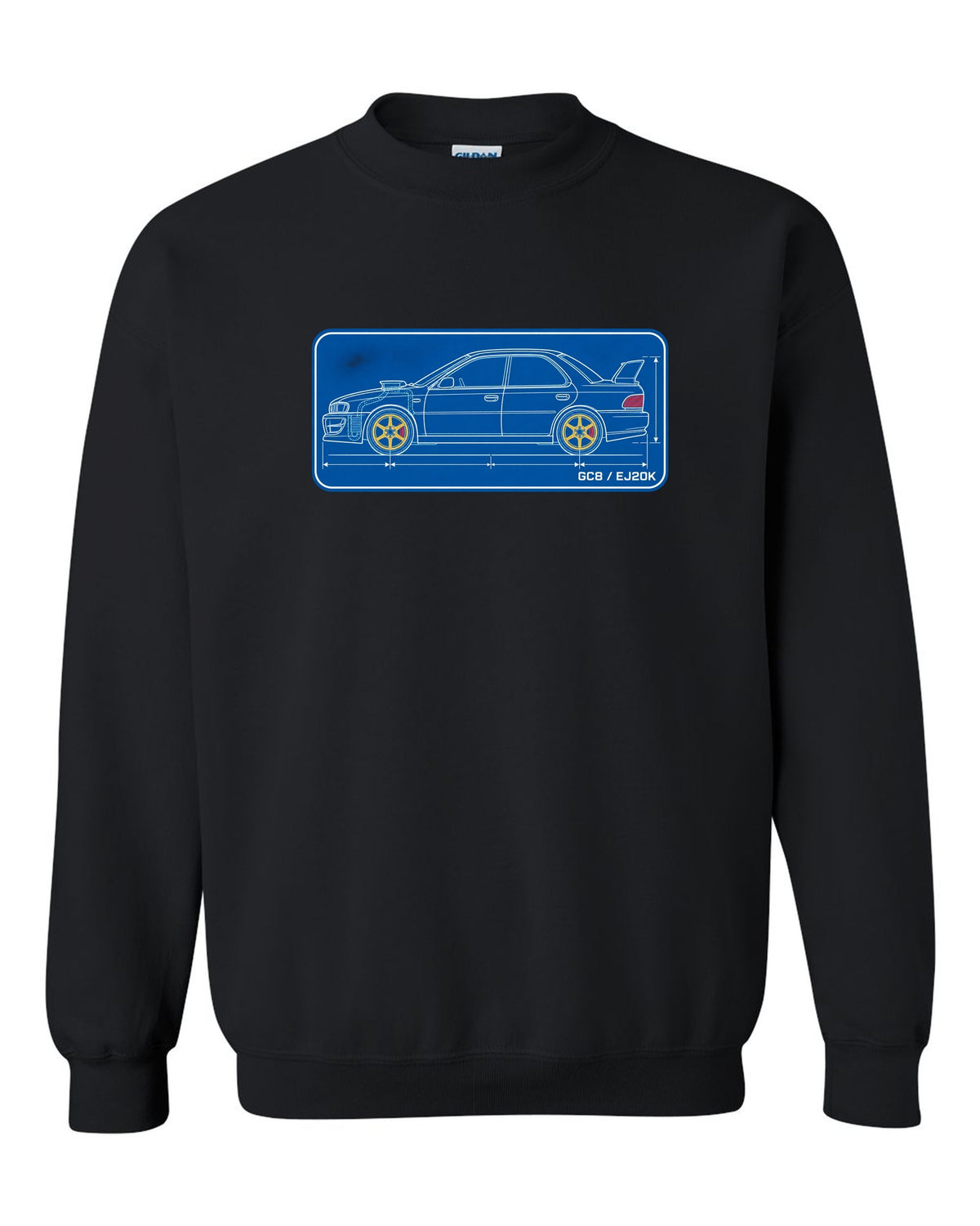 Cyanotype blueprint of a Subaru Impreza WRX GC8 hood scoop with EJ20K text black crewneck front view with the design
