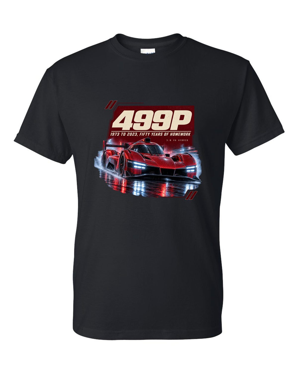 Ferrari 499P on a rainy night street print, 1973 to 2023 black t-shirt front view with the design