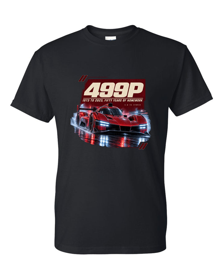 Ferrari 499P on a rainy night street print, 1973 to 2023 black t-shirt front view with the design