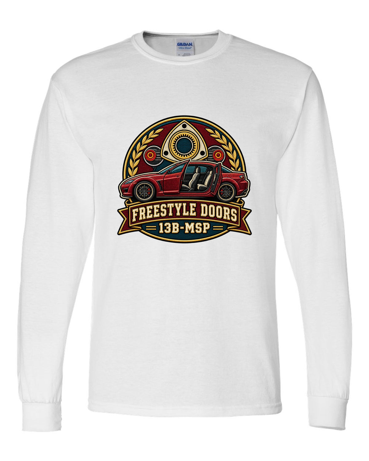 Varsity-style crest of a Mazda RX-8 SE3P with freestyle doors and 13B-MSP text white long sleeve front view with the design