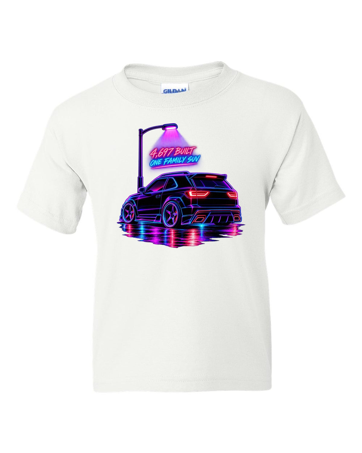 Neon synthwave line art print of a 1992-93 GMC Typhoon taillight with 4,697 built lettering white kids tee front view with the design