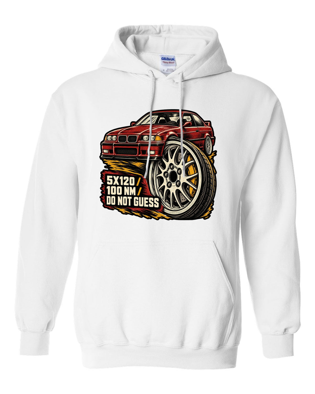 Linocut woodcut lug nut design for a BMW E36 M3 coupe with 5x120 and 100 Nm text white pull over hoodie front view with the design