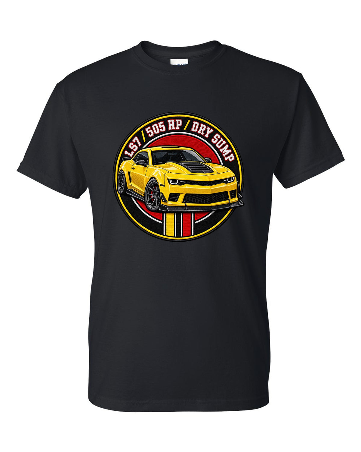 2014 Camaro Z/28 in a varsity crest design with text LS7 505 HP Dry Sump black t-shirt front view with the design