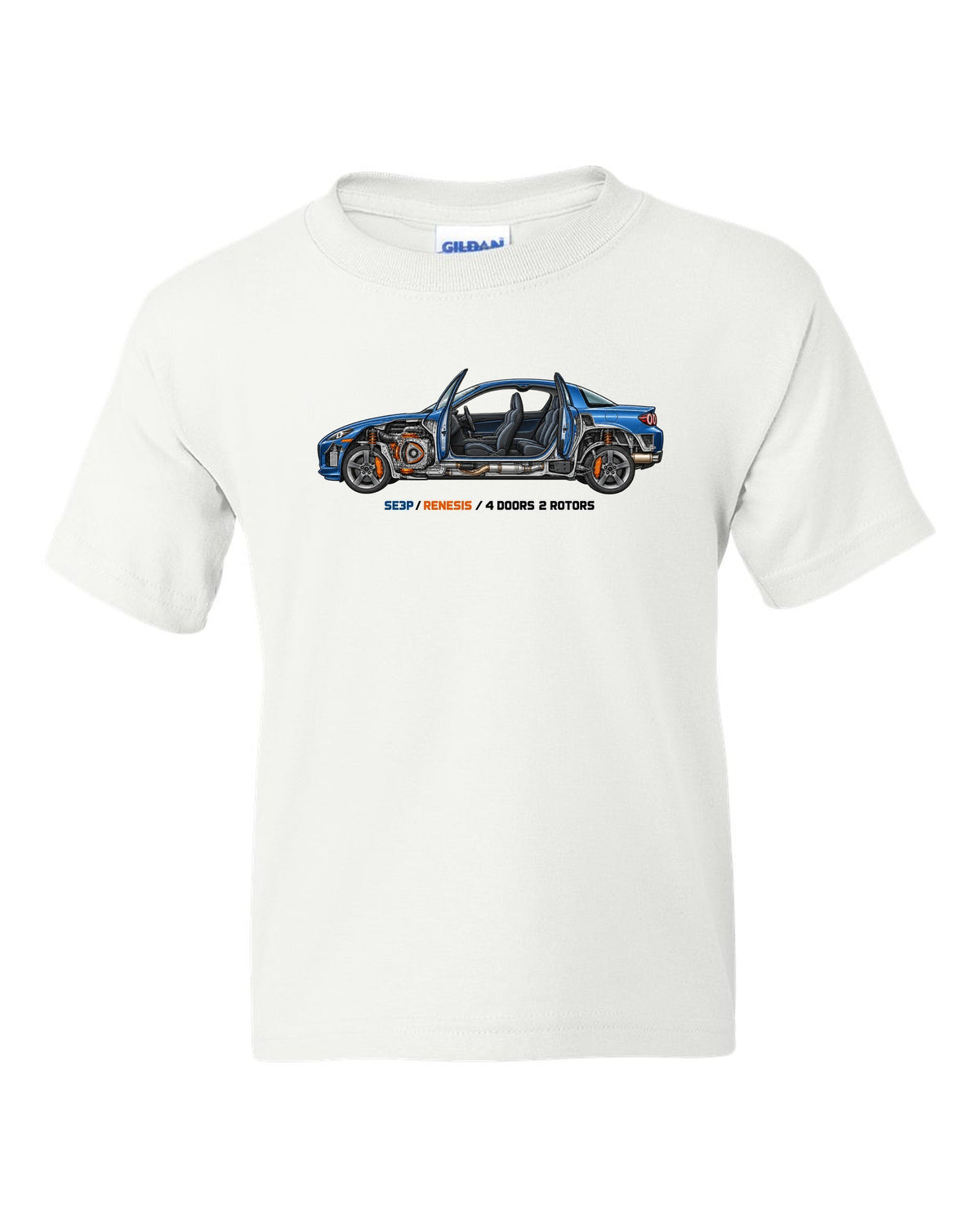 Technical cutaway illustration of the Mazda RX-8 SE3P with RENESIS and 4 DOORS 2 ROTORS lettering white kids tee front view with the design