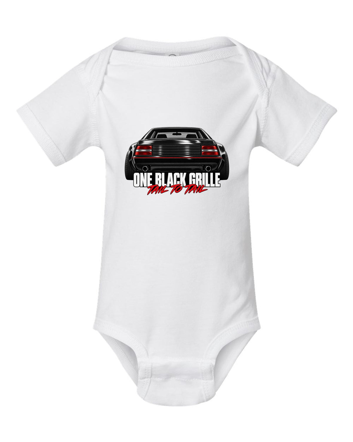Macro print of the Ferrari Testarossa F110 rear grille with the line One Black Grille, Tail to Tail white baby onesie front view with the design