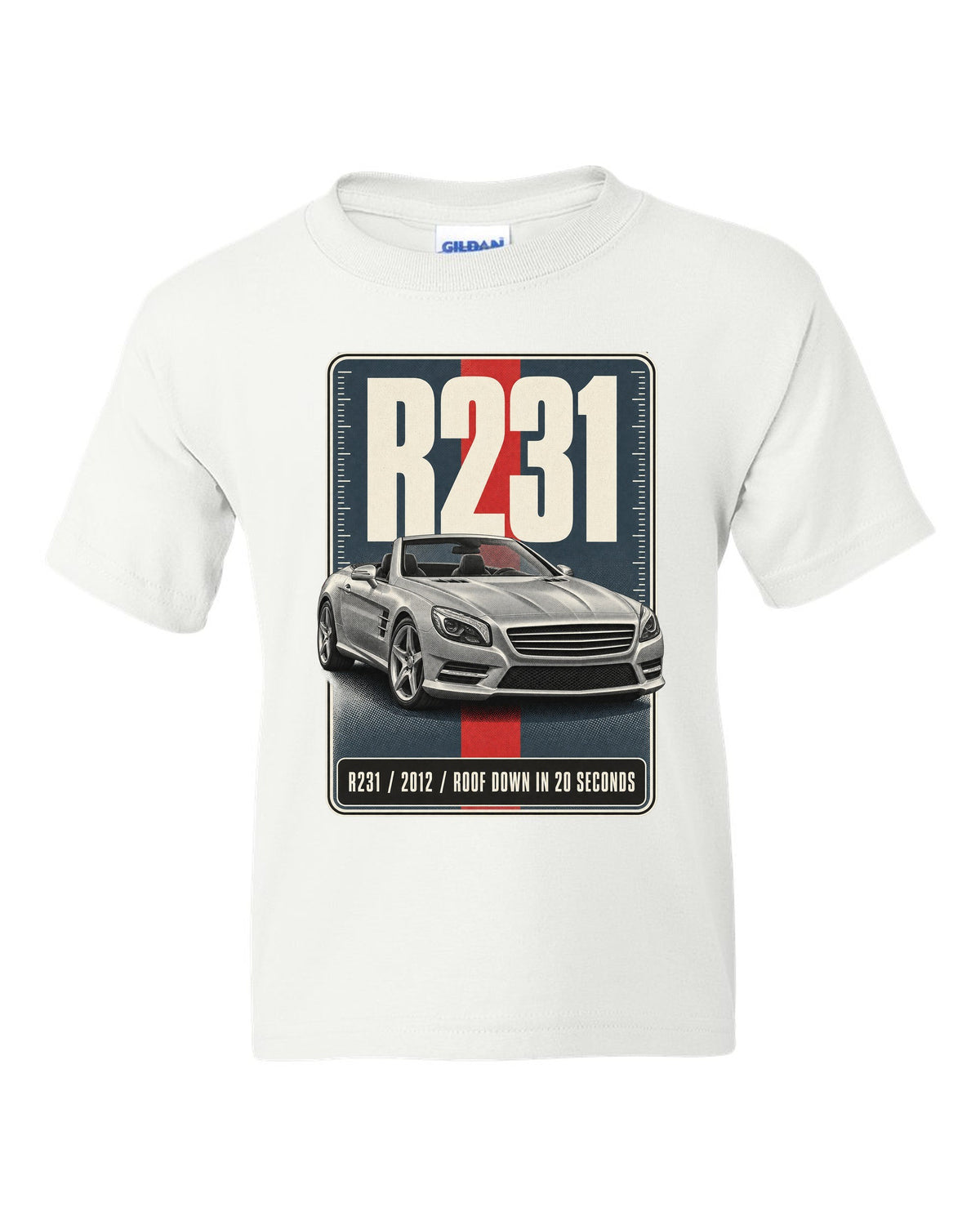 Mercedes-Benz SL R231 low front three-quarter halftone print in warm grey white kids tee front view with the design