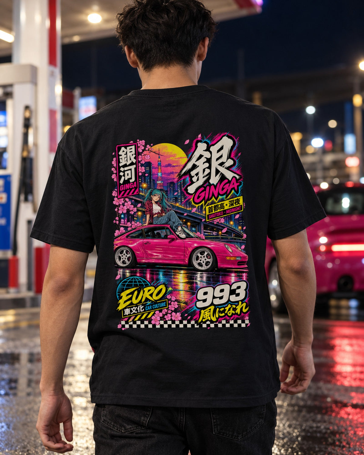 GINGA 993 Anime Girl Full-Back Graphic Tee T-Shirt Black worn hero