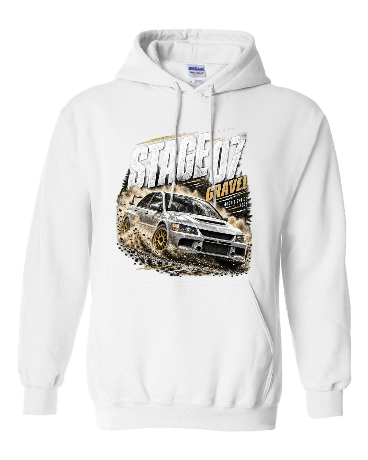 Rally poster print of a Mitsubishi Lancer Evolution IX CT9A on gravel white pull over hoodie front view with the design