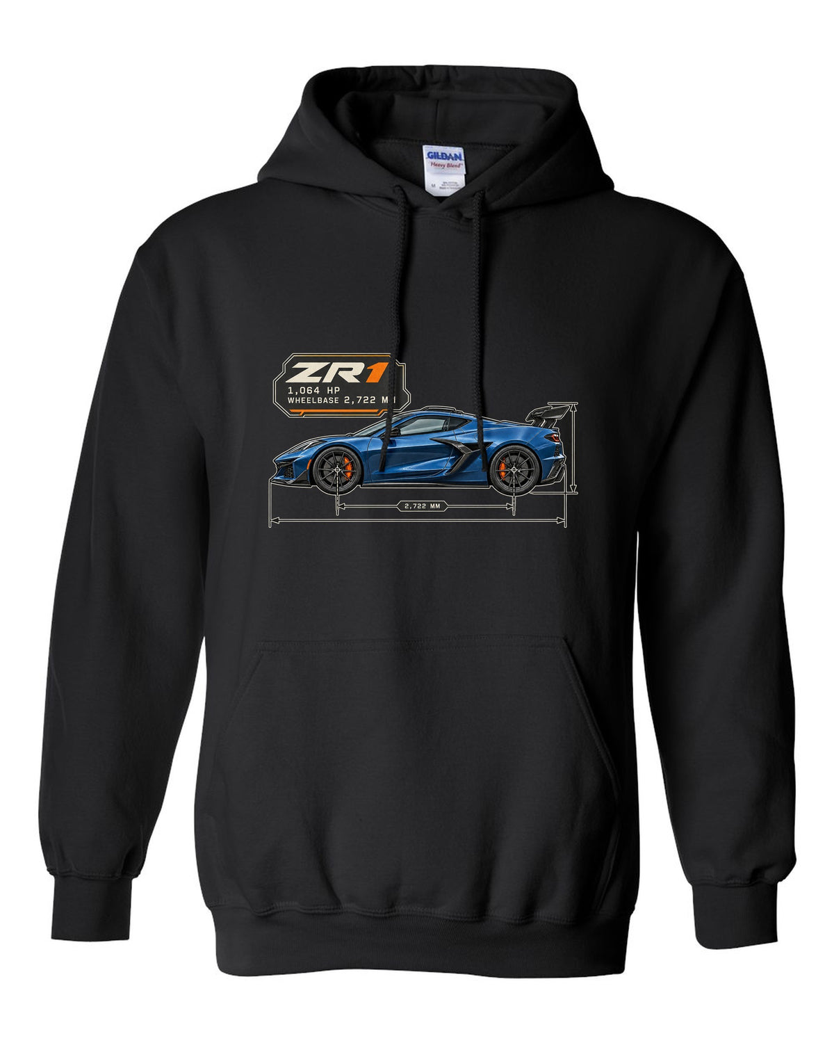 print of a Chevrolet Corvette C8 ZR1 2025 dimension blueprint with 1,064 HP and wheelbase text black pull over hoodie front view with the design