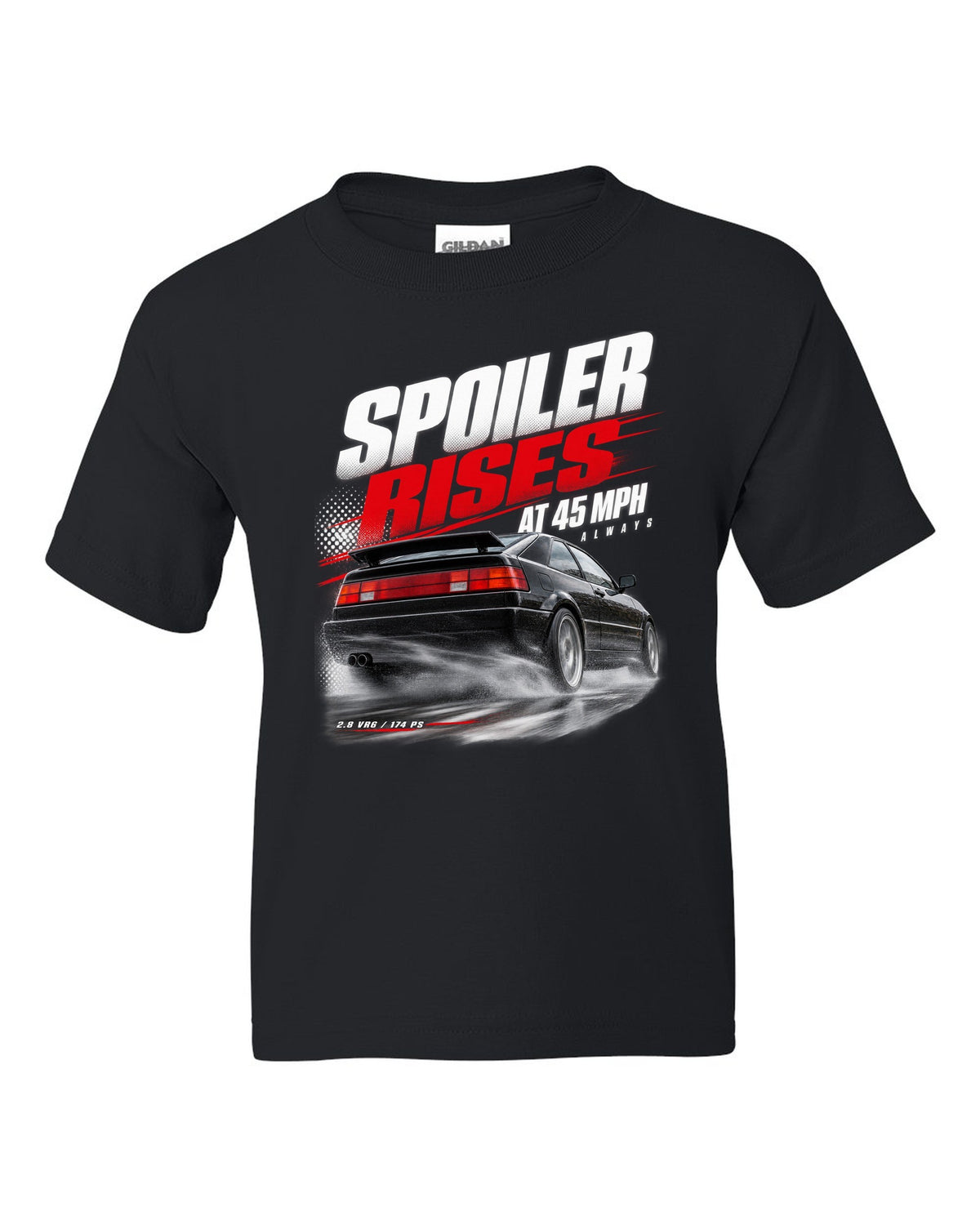 Race poster print of a VW Corrado VR6 rear three-quarter with spoiler rises at 45 mph text black kids tee front view with the design